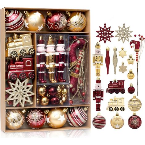 Lot de 50 boules de Noël incassables en plastique pour sapin de Noël, décorations à suspendre pour fêtes de fin d'année, couleur vin rouge doré (1/4)