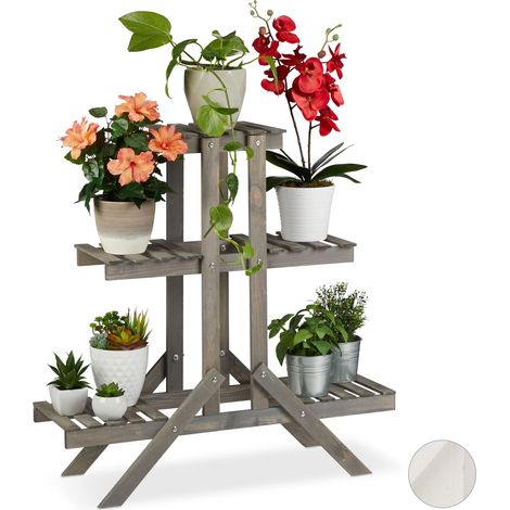 gris fleurs, Étagère bois, Escalier plantes, 3 niveaux, intérieur, HxlxP: 83 x 83 x 25 cm, 83 x 83 x 28 cm (1/5)