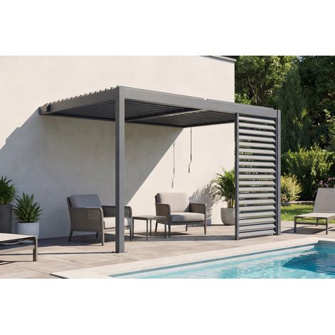 Pergola bioclimatique adossée 3x2,5m PIANA aluminium gris anthracite avec 1 persienne brise-vue