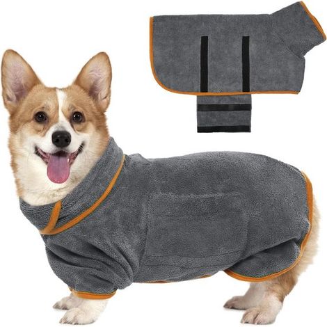 Peignoir pour chien en microfibre – Taille L – Longueur du dos 60 cm – Serviette de séchage douce et absorbante – Fermeture velcro – Séchage rapide – Gris (1/5)