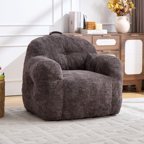 Fauteuil poire avec accoudoirs en fausse fourrure, rembourrage en mousse, 95x95x79 cm, gris fonce (1/5)