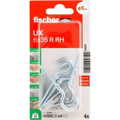 FISCHER 094619 Universaldübel UX 6x35 RH mit Rundhaken, 4 Stk (1/5)