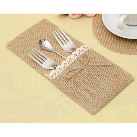 20pcs avec couvercle porte sac dentelle mariage vaisselle sac fourchette jute Vintage baptême pays décoration table partie fournitures (1/4)