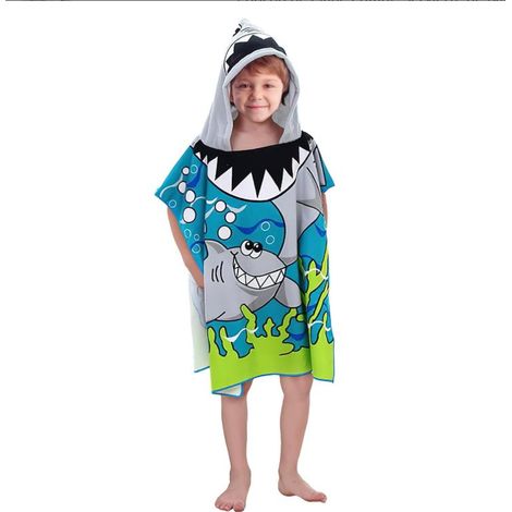 Poncho de Plage Enfant, Serviette de Bain à Capuche Enfant, Serviette Poncho Microfibre, Surf, Cape de Bain, 2-12 Ans (Requin) (1/5)