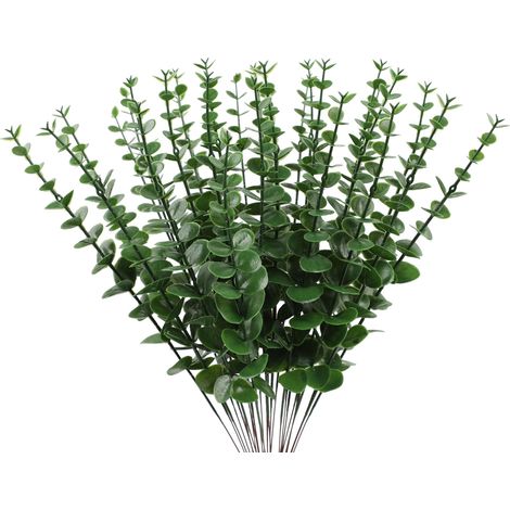 24 künstliche Grünpflanzen, florales Arrangement aus einzelnen Eukalyptusblättern, künstliche Blumendekoration für den Innenbereich (dunkelgrün - einzelner Eukalyptus 0145) (1/2)