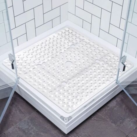Tapis de douche antidérapant, grand tapis de bain carré 7070cm avec ventouses, tapis de bain antibactérien lavable pour douche et baignoire (blanc pur)