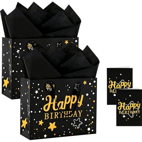 Sac Cadeau Anniversaire Lot 2 Noir Or 20x28x10cm Sac Happy Birthday avec Carte Papier de Soie Emballage Cadeau Fete Grand Format Adulte (1/5)