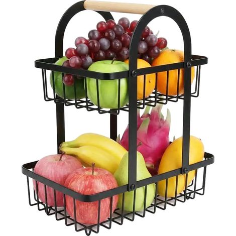 Cesto per frutta a 2 livelli, soluzione di stoccaggio portatile, nero (1/2)