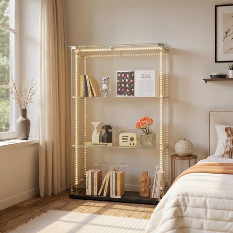 Verre vitrines avec Éclairage LED, Vitrine en verre avec 2 porte et 3 étagères, moderne Verre vitrines, pour chambre, salon et salle à manger, 78 x 35 x 123 cm, Noir (1/5)