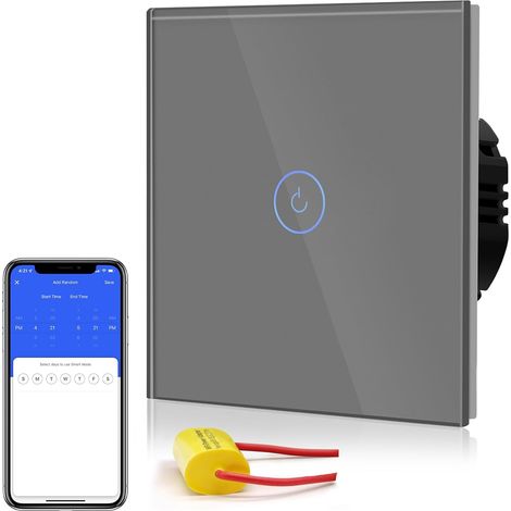 Interrupteur Connecté Sans Neutre WIFI, Interrupteur Tactile Connecté WIFI 2.4G, Interrupteur Mural avec Panneau en Verre, 1 Gang 1 Voie Gris 86mm (1/5)