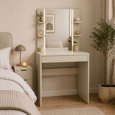 Toeletta Logaza, Mobile da Trucco Specchio Incluso, un Cassetto, Cassetto Effetto Rigato, 80x40x136h cm Beige Scuro (1/4)