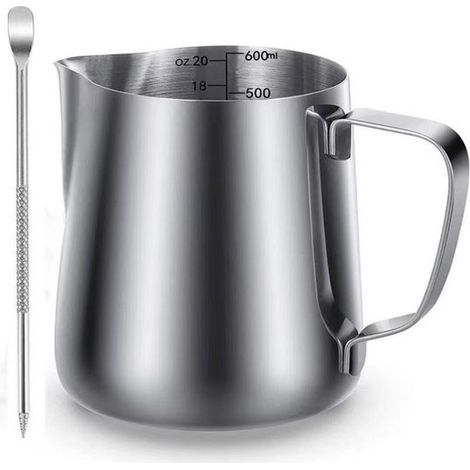 Espumador de leche manual de acero inoxidable con capacidad para 600 ml, equipado con escala de medición y bolígrafo para arte latte. (1/4)
