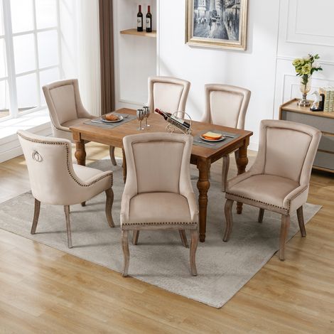 Chaise de salle à manger luxueuse (chaise de cuisine, chaise de salon, lot de 6), chaise rembourrée avec clous décoratifs, pieds en bois massif, revêtement en velours, beige