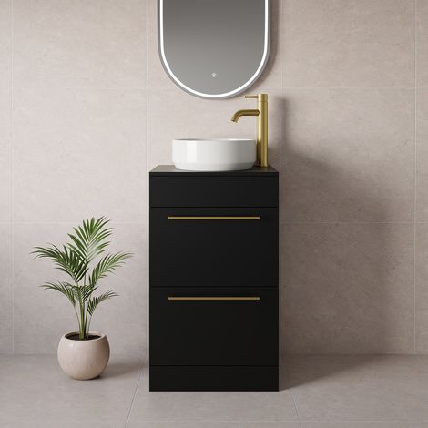Napoli 390 Matt Black 500mm 2 Drawer Vanity Unit for Countertop Basins - 500mm - Brushed Brass 320mm Handle