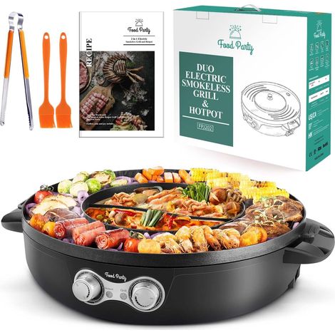 Food Party Appareil Fondue Chinoise Hot Pot Electrique et Barbecue Coréen Intérieur électrique 220V 2200W 2 in 1 Hotpot Wok BBQ Raclette sans Fumée pour 2 à 8 Personnes (1/5)