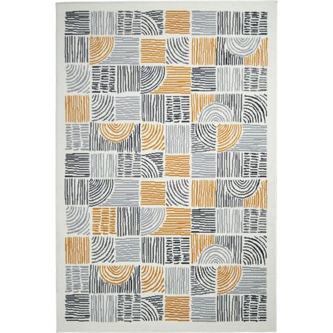 Tapis salon 160 x 225 cm, motif géométrique contemporain lignes courbes carrés, crème gris jaune, composition graphique captivante, texture fine moderne
