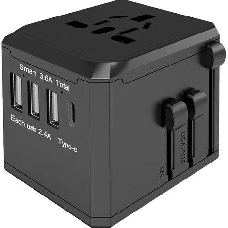 adaptador de viaje universal, 4 puertos USB, cargador de pared internacional 100-240V, para teléfono, tableta. (1/5)