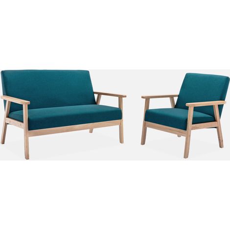 Banco y sillón de madera y tela, 3 plazas
