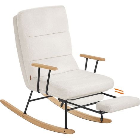Sedia a dondolo con gambe in legno di caucciù sedia a dondolo in tessuto felpato schienale regolabile in 4 posizioni supporta fino a 160 kg per camera da letto e soggiorno bianco crema 120006072