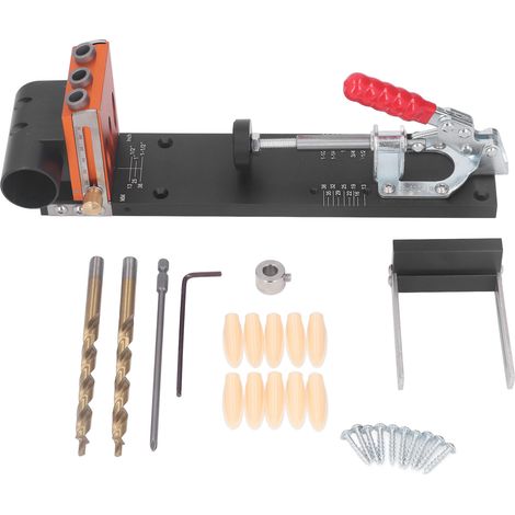 Kit de plantilla para agujeros de bolsillo, kit de guía de broca para espigas de carpintería, guía de broca ajustable con autocentrado, localizador de perforadoras (1/5)