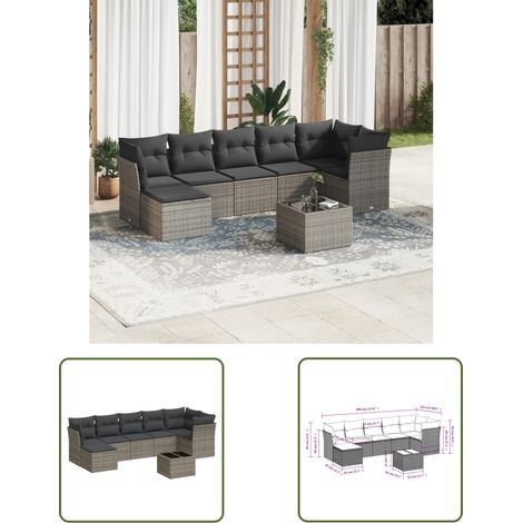 The Living Store 8-tlg. Garten-Sofagarnitur mit Kissen Grau Poly Rattan - Gartenmöbel Set - PE-Rattan Möbel - Outdoor Sofa - Lounge Garnitur - Esstisch Set (1/3)