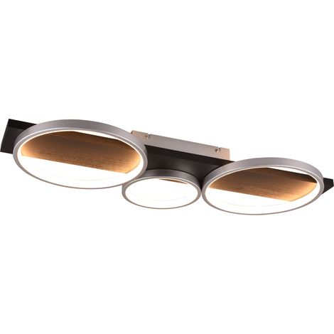 MEDERA PLAFONIERA 3 CERCHI METALLO ALLUMINIO BASE LEGNO NERO CON DIMMERAZIONE AD INTERRUTTORE L. 80CM LED 33W 3800lm, 3000K (1/3)