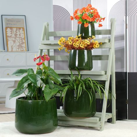 Set de 4 jardinières en céramique artisanale (Ø 33/26/20/15 cm), émail vert foncé brillant et uniforme, poreuses, résistantes au gel, avec trous d'évacuation pour extérieur et terrasse. (1/5)