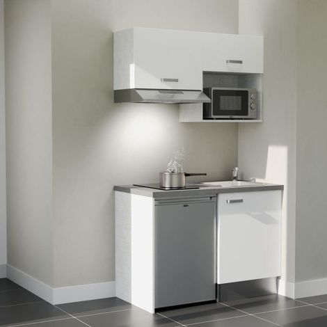 Kitchenette K02L-PT - 120 cm - plan stratifié, évier inox, - Façade Blanc - Plan Gris béton - Evier Inox - Crédences Non + Electroménager inclus coloris Inox