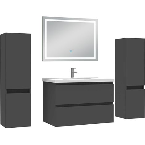 Ocean Ensemble meubles Salle de Bain 80cm avec colonne et miroir lumineux 3 couleurs Anthracite