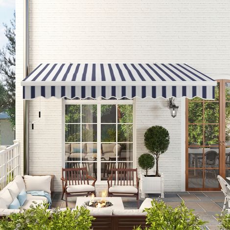 Store banne manuel rétractable 395 x 245 cm avec manivelle, polyester 280 g/m² protection UV, aluminium, bleu et blanc (1/5)
