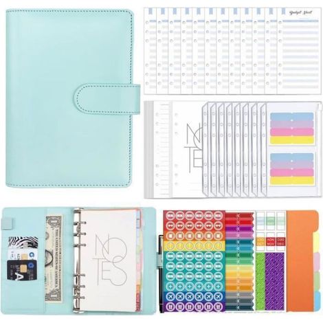 Classeur Budget - A6 - Cuir PU - 45 Pages Reliées - 10 Enveloppes - Bleu Multicolore - 1 Pièce (1/4)