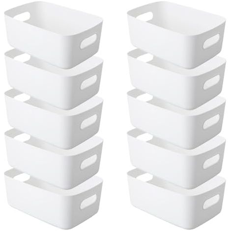 [NUNCA USADO] Paquete de 10 cajas de almacenamiento de plástico con asas, 24 x 17 x 10 cm, para armarios de cocina, estantes de baño y oficinas (blanco)