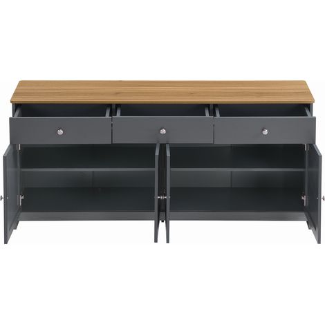 Aparador con 4 Puertas y 3 Cajones, Estantes Ajustables, Estilo Rústico, en MDF, Negro Y Gris, 160×37×75 cm (1/5)