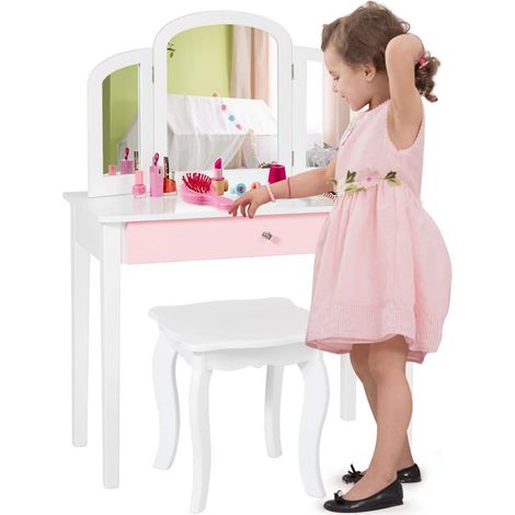 COSTWAY Set Tocador Infantil con Espejo Tripartido y Cajón Grande, Escritorio Desmontable 2 en 1 con Mesa Taburete (Blanco) (1/5)