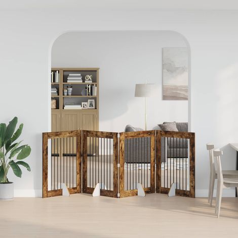 Cancello per cani pieghevole con supporti 4 pz Rovere Fumo vidaXL