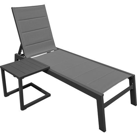 Happy Garden – Transat bain de soleil et table d'appoint – Aluminium gris anthracite – Revêtement textilène gris – Dossier réglable 5 niveaux – 2 roulettes (1/5)