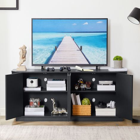 Buffet meuble TV 162,5x38x61cm motif ondulé à bandes verticales. Couleur noir polyvalent pour cuisine,chambre et couloir.