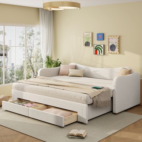 DESVIAE Lit de jour rembourré extensible avec 2 tiroirs de rangement ports USB et USB C tissu bouclé beige 90x200 cm extensible 180x200 cm (1/5)