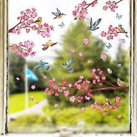 Autocollants pour fenêtres, fleurs et oiseaux sur une branche, anti-collision, fleurs de cerisier, autocollants pour vitres, portes et salles de bain (1/4)
