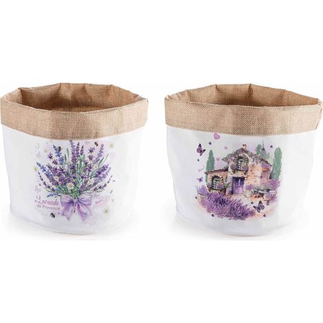 Cestini in stoffa decori lavanda con interno in juta, set da 8 pezzi, Ø 20 cm x 20 H