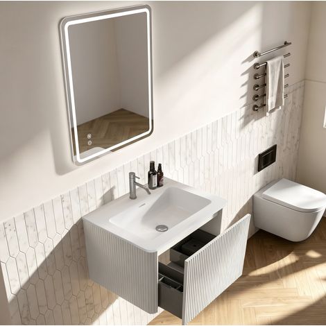 Conjunto de muebles de baño con espejo LED, mueble lavabo suspendido de 60 cm con cajón, blanco (1/5)