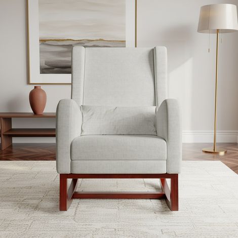 Poltrona a Dondolo con Poggiapiedi Estraibile - Sedia a Dondolo per Salotto o Allattamento - Poltrona Relax Imbottita in Tessuto Materiale in cotone e lino Grigio - Schienale Alto Ergonomico
