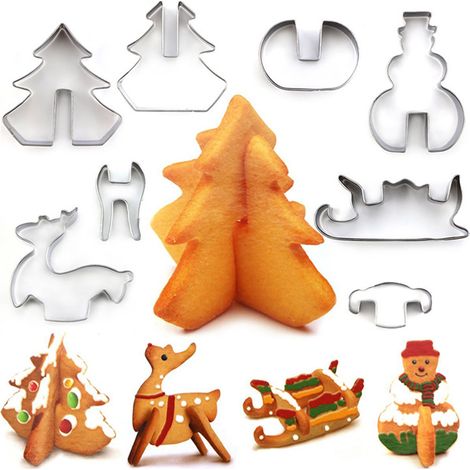 Lot de 8 moules 3D en acier inoxydable sapin bonhomme neige traîneau élan pour pâtisserie fête Noël (1/5)