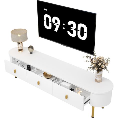 Meuble TV blanc avec 3 tiroirs, 174 cm, MDF laqué, poignées et pieds dorés, angles arrondis, rangement moderne pour salon élégant CHICFURN (1/5)