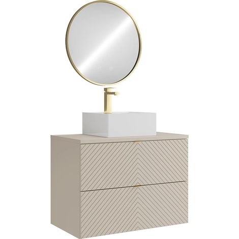 Mobile bagno sospeso con lavabo da appoggio quadrato, rubinetto e specchio Beige 80 cm - DORIONI (1/5)