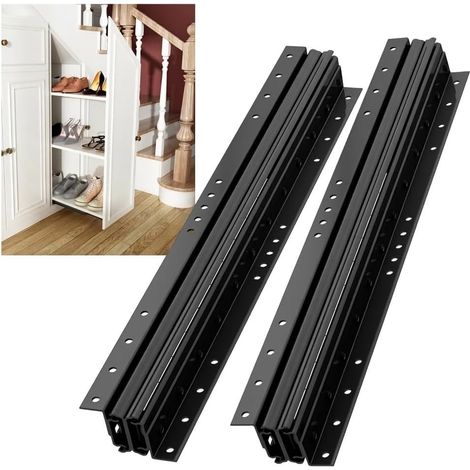 Glissières de tiroir montées sur le fond, 600 mm, 3 plis, coulisses invisibles pour escaliers, noir, capacité de charge de 106 kg, 1 paire (1/5)
