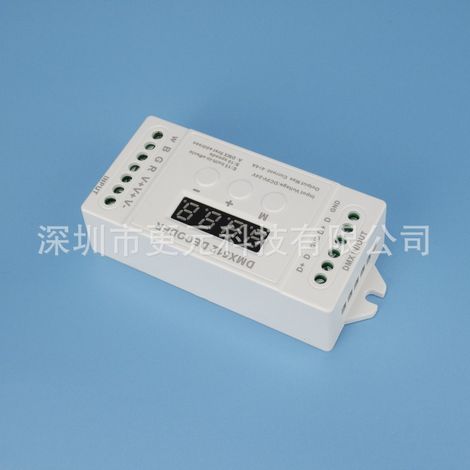 Mini 4-channel LED decoder with digital display and buttons, DMX512 constant voltage control, RGBW stage light strip.