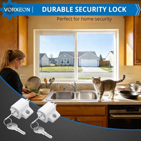 Cerradura para puerta corredera - Seguridad para ventanas - Vida segura - Dos opciones de montaje - 11 x 3 x 13 cm - Blanco (1/5)