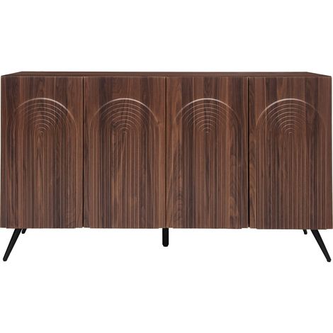 Buffet au style mid-century, meuble de couloir aspect bois de noyer avec rainures 3D et portes cintrées, panneau de particules, étagères réglables, pieds en métal doré (1/5)