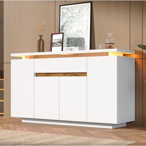 Aparador 4 puertas y 1 cajón 140x40x80 cm con LED y estantes ajustables, en tablero de partículas, color blanco (1/5)